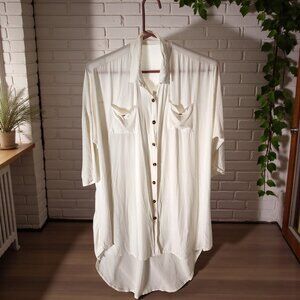 Boho White Button Down Tunic Blouse–Longline Rayon Top w/ Pockets, Flowy & Chic